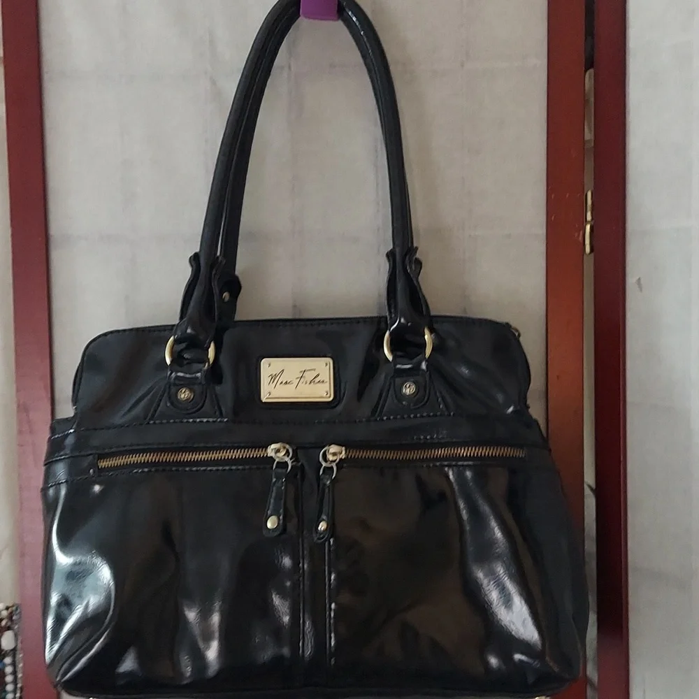 Marc Fisher Women's Black Faux Patent Zip Leather Hobo Bag Purse